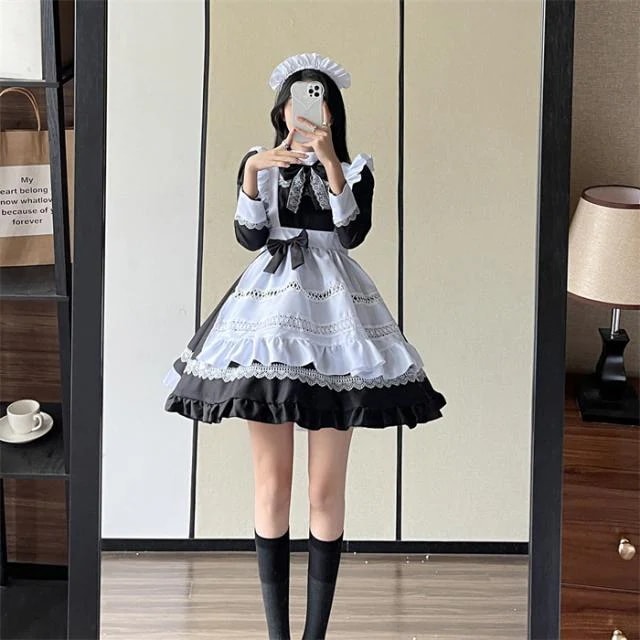 メイド服 ロリィタ ロリータ ワンピース コスチューム 飾り付き エプロン 髪飾り リボン 文化祭 学園祭 メイドカフェ Lolita 長袖 コスプレ衣装 アニメ 可愛い ブラック オーバーサイズ 大