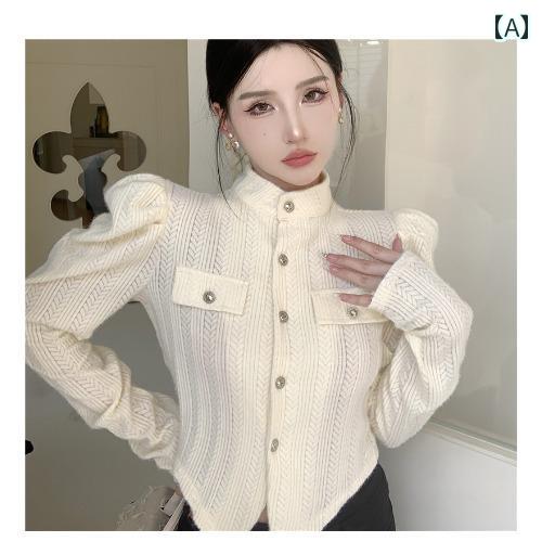 ニット レディース カーディガン おしゃれ カジュアル セーター スリム 長袖 トップス 春秋 パフスリーブ ショート 白 黒