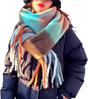 マフラー レディース 厚手 チェック柄 ストール 大判 秋 冬 肩掛け 巻き物 防寒 暖かい 羽織り (スカイブルーxブラウン 特大)