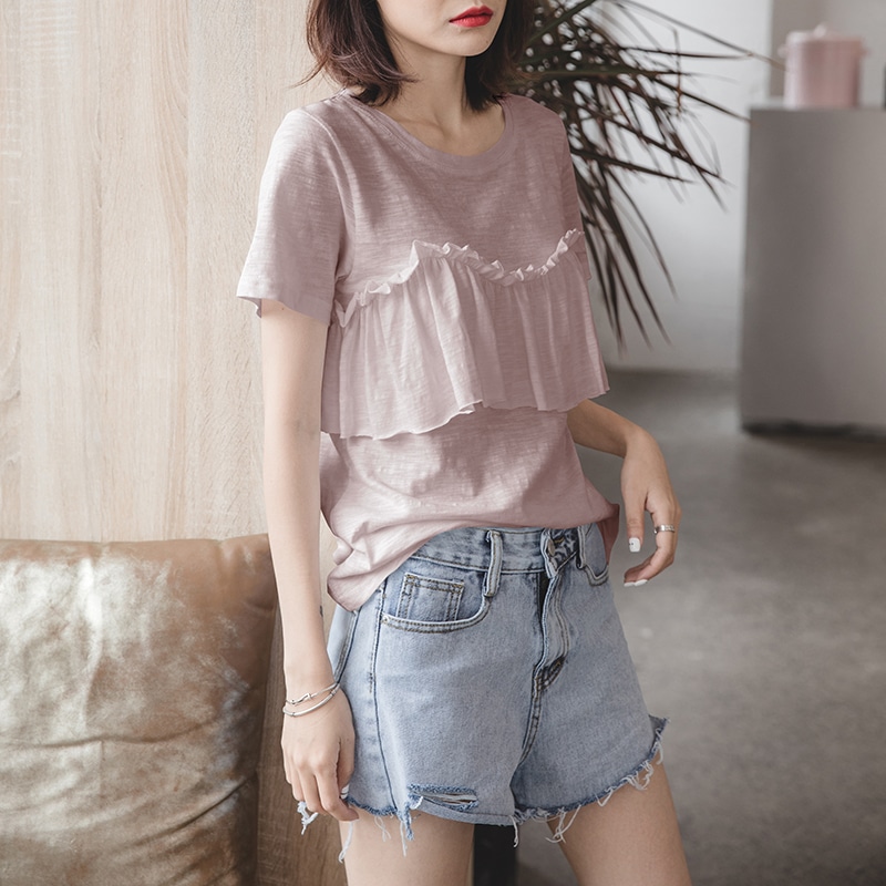 トップス Tシャツ カットソー 袖あり 半袖 Uネック ラウンドネック フリル 綿 薄手 かわいい 大人可愛い きれいめ シンプル カジュアル 大人 上品 おしゃれ お洒落 かっこいい 大人女子 5,681円