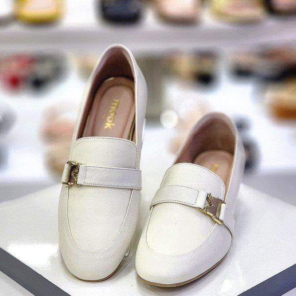 女性ラウンドバックルミドルヒールローファー 4CM