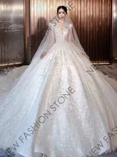 フランス式長袖ウェディングドレス2024新型Vネックウェディングドレス-89