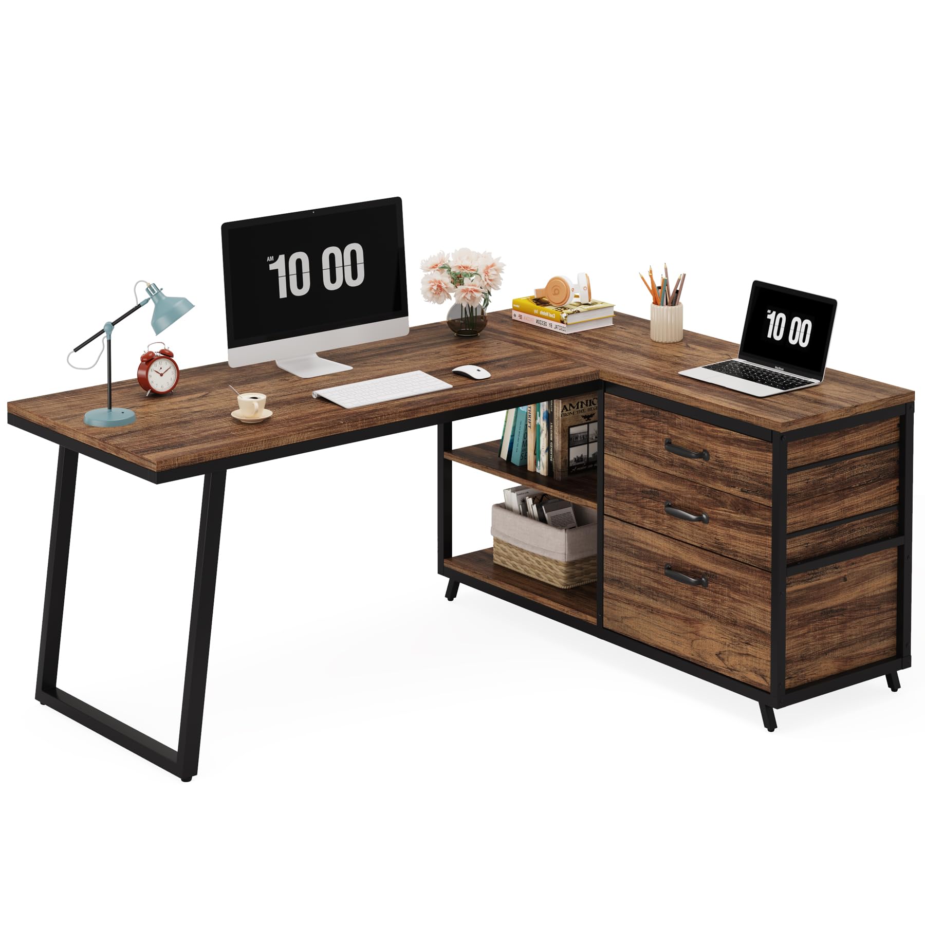 字デスク パソコンデスク 引き出し付き 幅135cm ゲーミングデスク 机 pcデスク コーナー オフィス 事務用デスク 左右組み替え可能 15593