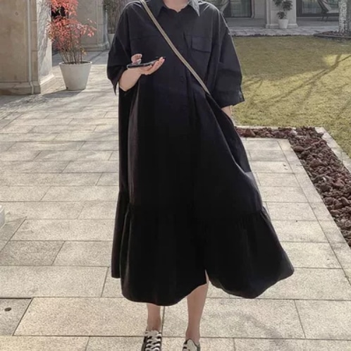 ワンピース ロング丈 袖あり 半袖 襟あり ストレート フリル 前開き かわいい 大人可愛い 上品 おしゃれ ラブリー キュート ガーリー 主役級 存在感 10代 20代 30代 レディース ママ