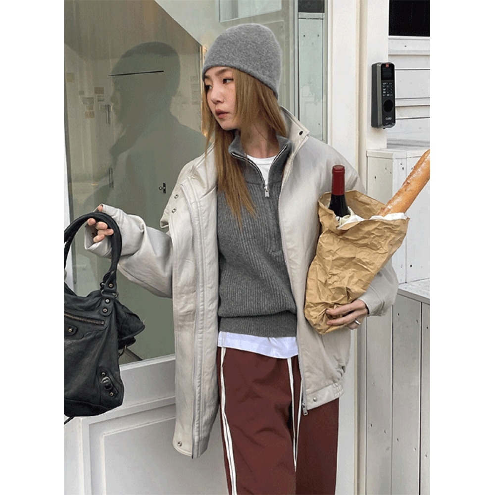 ブラックアップドールビンテージハイネックハーフレザージャケット