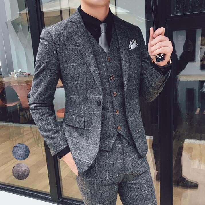 メンズスーツ 3点セット ジャケット+ベスト+パンツ 結婚式スーツ チェック柄 スリーピース フォーマル シングルスーツ ビジネススーツ メンズ スーツ セットアップ パーティー カジュアル 人気 シ