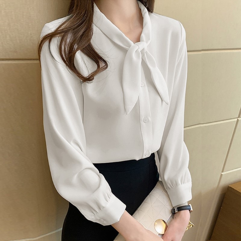 ボウタイリボンブラウス M L XL 長袖　レディース オフィス 無地 シャツ トップス 春夏秋 112887