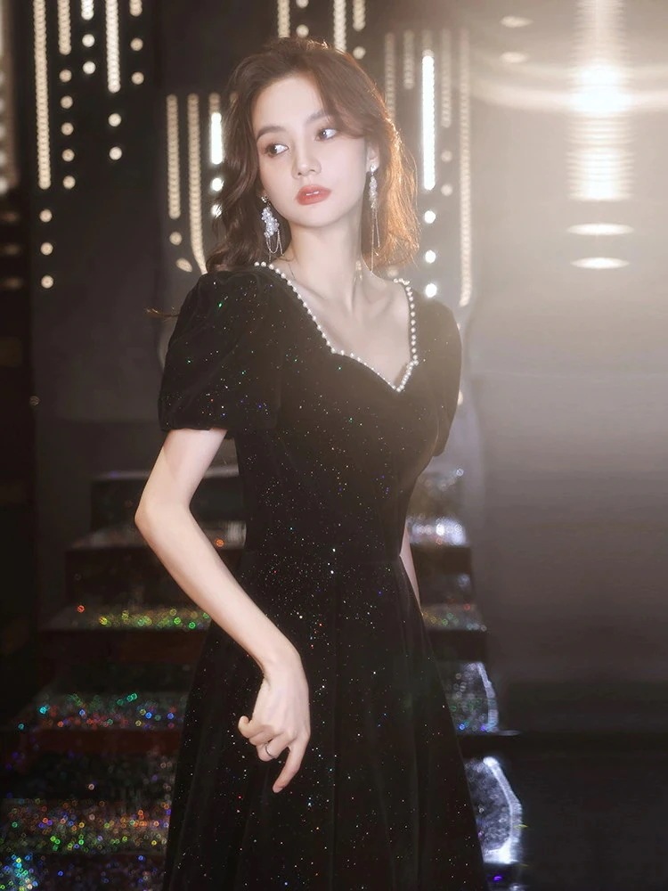 黒イブニングドレスフレンチドレスエレガントな星空宴会ベルベットホスト学生卒業式ドレススカート女性