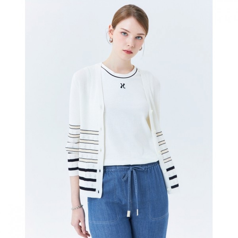 (ヘッジズレディース) 24SS ホワイトストライプコットンブレンドカーディガン HSSW4B403WT