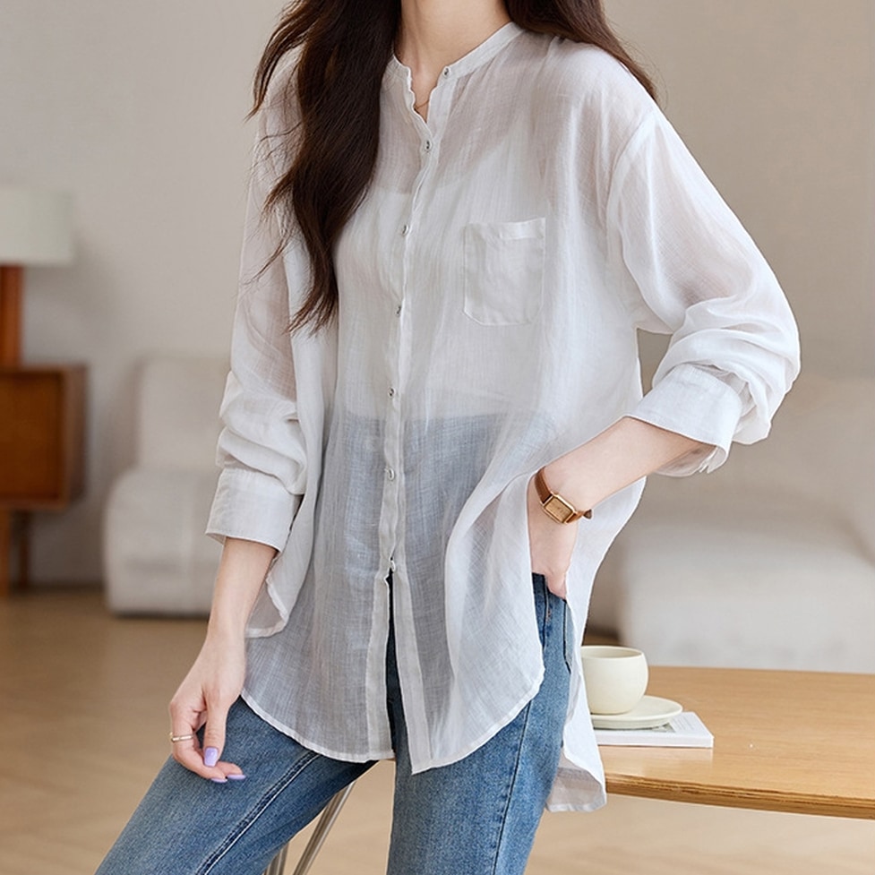 トップス シャツ シアーシャツ ノーカラーシャツ レディース ブラウス シャツブラウス シフォンシャツ 長袖シャツ クルーネックシャツ シフォンシャツ ドロップショルダー 透け感 シースルー