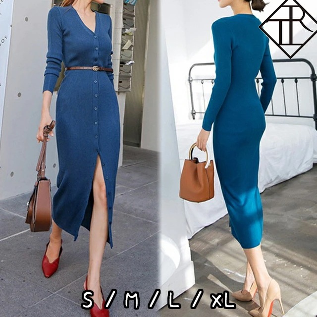 【即納】ワンピース レディース ニットワンピース 秋冬 ロングワンピース 長袖 秋 ニット ワンピース 大きいサイズ Vネック ボタン リブ ボタンデザイン 大人可愛い 可愛い おしゃれ シンプル セ