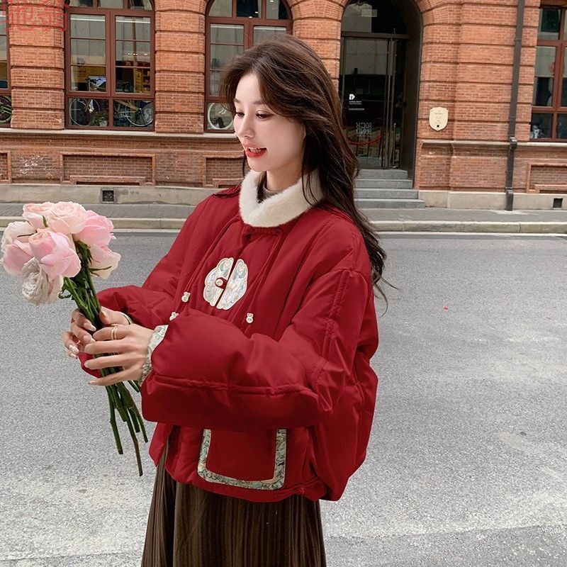 G2L 新中国風赤刺繍ダウンジャケット女性 2025 冬の新国民風レトロショート新年ホワイトダックダウン