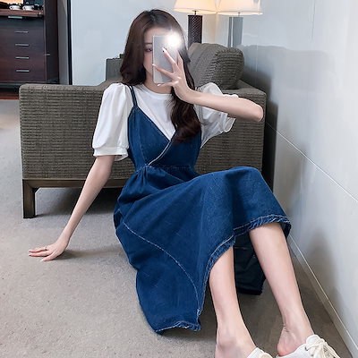 レトロサスペンダードレスレディース2023韓版風気質ウエストデニムサスペンダースカートレディーススー