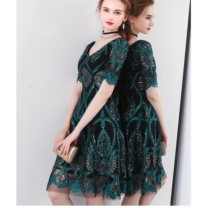 Vネックレースドレス 美しく上品なデザインミディアムワンピース パーティードレス フォーマルドレス