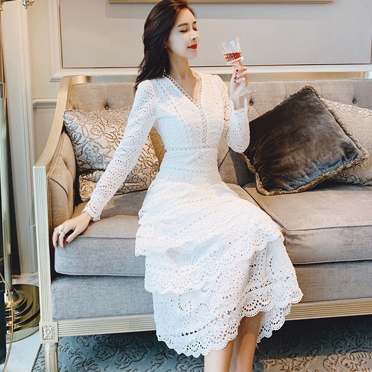 新作 レディース 春夏 ワンピース ミモレ丈 ミディアム丈 袖あり 長袖 Vネック Aライン