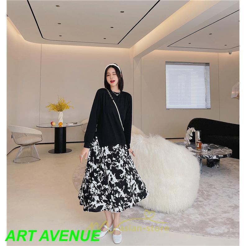 ドッキングワンピース 秋 レディース 長袖ワンピース ロングワンピース 切り替えワンピース フェイク レイヤード風 Aラインワンピース お呼ばれワンピース