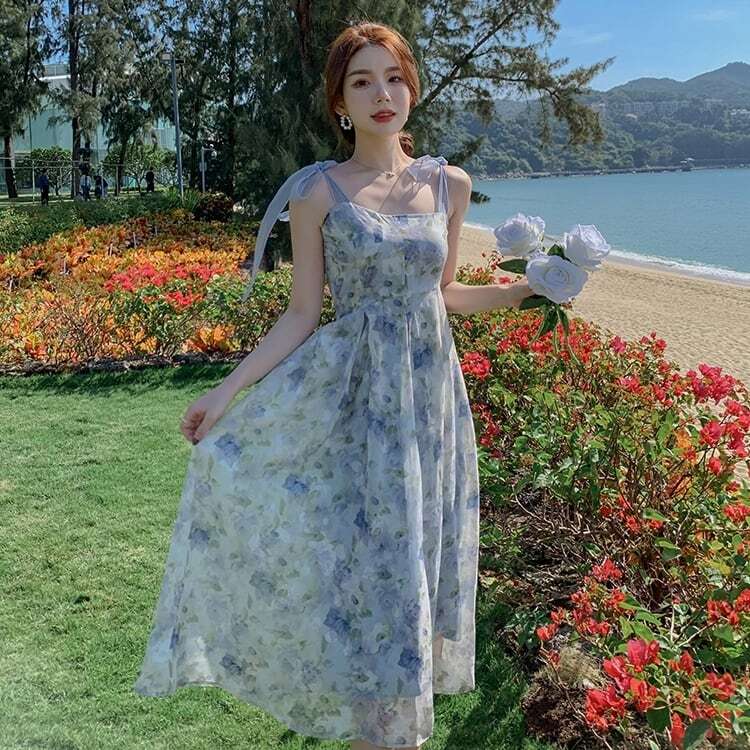レディース フローラル キャミソールワンピース ドレス ストラップワンピ 花柄 フレア リボンショルダー 大人可愛い ママコーデ ママファッション 韓国 オルチャンファッション 人気 トレンド 新作