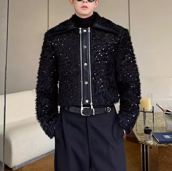 2024秋冬新品韓国ファッション スパンコールコート 中綿アウター メンズファッションファージャケット 防寒 暖かい 人工ファーPC01