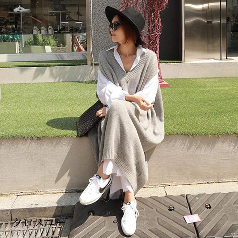 ジャンパースカート ニットワンピース ロング丈 Vネック ワンピース 春秋 冬 カジュアル シンプル マキシ丈 ミディアム丈 コーデ おしゃれ