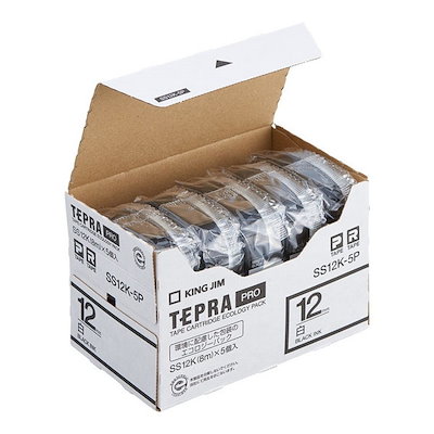 他サイト： キングジム SS12K5P テプラ 白ラベルテープ （白テープ／黒文字／12mm幅5個パック）の商品画像