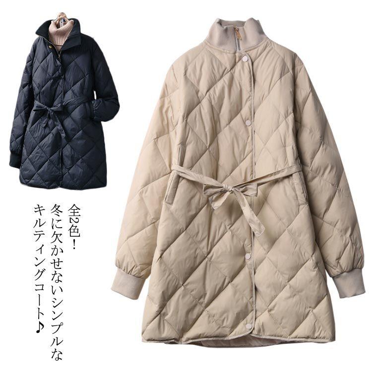 中綿コートレディースミディアム丈キルティングロングコート着痩せベルト付きアウターゆったり冬物体型カバー防寒お洒落厚羽織りキレイめあっ