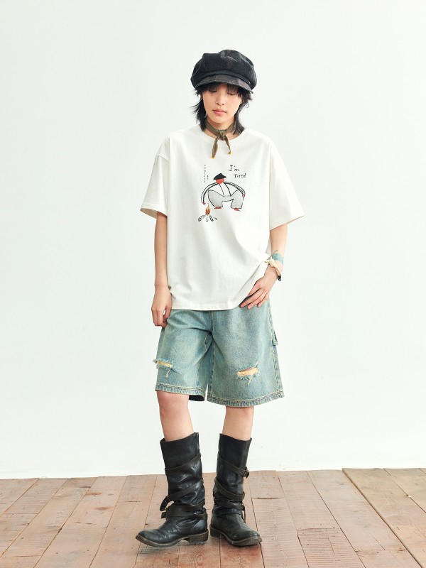 タコハウス 漫画プリント 半袖 Tシャツ レディース 2024年新作 コットン 通気性 春 下着 トップス