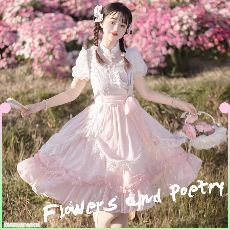 春夏秋冬/ピンクのプリンセススカート/重工業花嫁ロリータ/花と詩OP/甘い半袖ワンピース/ハイウエスト