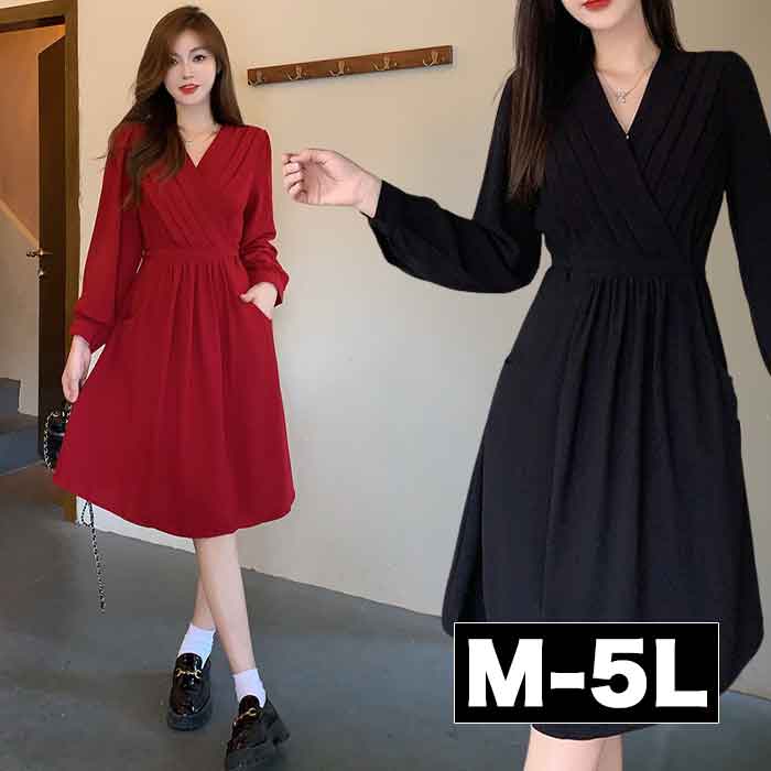 大きいサイズレディース ワンピース カシュクール 膝丈 膝下 ミディ カジュアルワンピース フレア 大人 大人可愛い 長袖 きれいめ 服 可愛い 秋冬 春夏 春物 秋 春ワンピース 長袖 結婚式 2