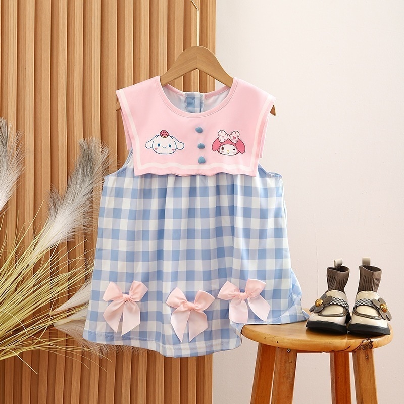 Xia Melody ベビーキュートでスウィートなネイビーネックプリンセスドレス女の子ピンクとブルーのチェック柄漫画人形ドレス
