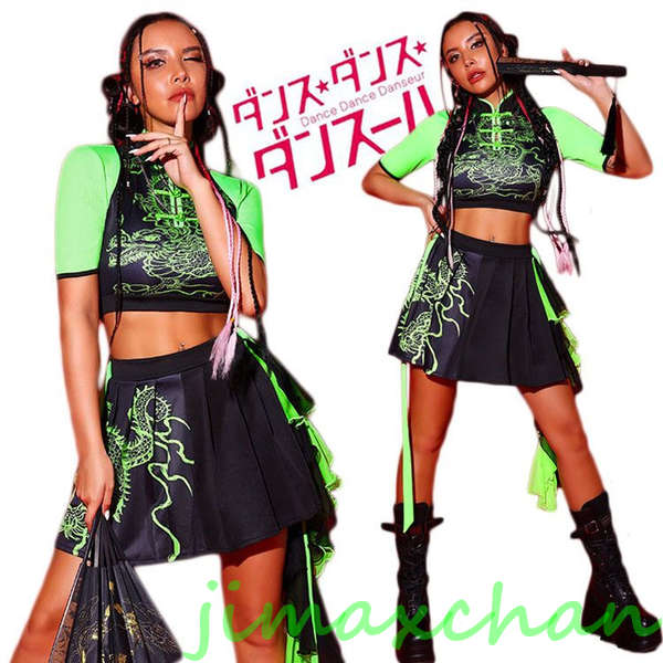 即日発送新生活 ダンス衣装 k-pop レディース セットアップ 半袖 へそ出しトップス 中華風 スカート 韓国 ヒップホップ おしゃれ 2点セット ダンスウェア JAZZ 演出