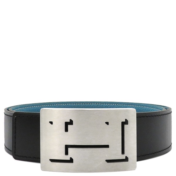 エルメス HERMES ベルト Hベルト ラッキーメタル ボックスカーフ トゴ ブラックXブルージーン #85 シルバー金具 Hモチーフバックル 黒 青 リバーシブル K刻印 【箱】【中古】