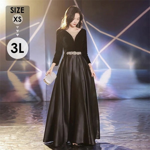 ドレス大人ピアノ発表会ドレス演奏会ロング丈結婚式パーティードレスロングドレス編み上げお呼ばれ袖あり高級感上品ステージドレス二次会2030きれいめブラック