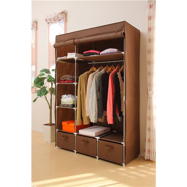 引き出し付きハンガーラック/衣類収納ケース 幅110奥行45高さ168cm カバー付き スチール製 通気性抜群 ブラウン