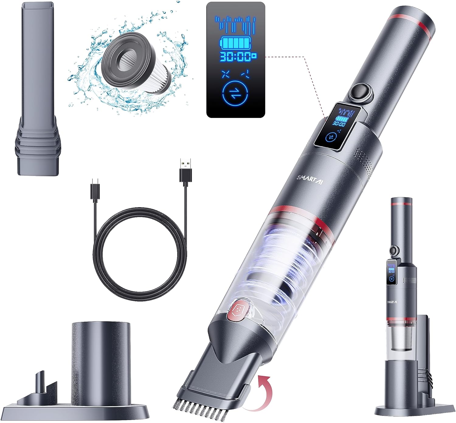 SmartAI ハンディ掃除機 コードレス 車用 19000Pa 強力吸引 30分連続稼働 OLED画面付き 電池残量表示 200ml 大容量 多機能 ハンディクリーナー 0.5kg超軽量 静音 小型