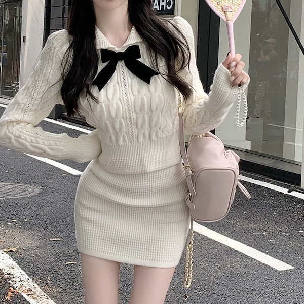 40%OFFクーポン配布中！セットアップ ニット スカート ミニスカート レディース 上下セット 2点セット セーター 体型カバー カジュアル リボン 着るだけ秒でオシャレ【配色リボンニットセットアップ】 ダークエンジェル 秋新作 ●即納● Qoo10] 【入荷】リボン ニット セットアップ ト