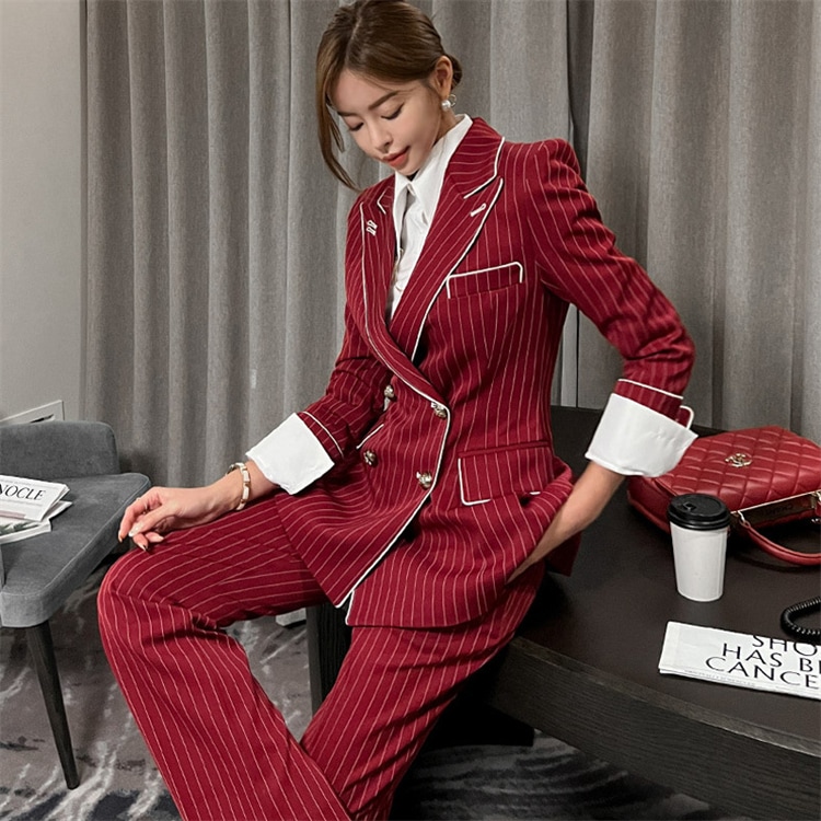 パンツスーツ レッド レディーススーツ 縞柄 2点セット ストライプ 入学式 フォーマル ママスーツ 卒業式 事務服 制服に 春秋 通勤