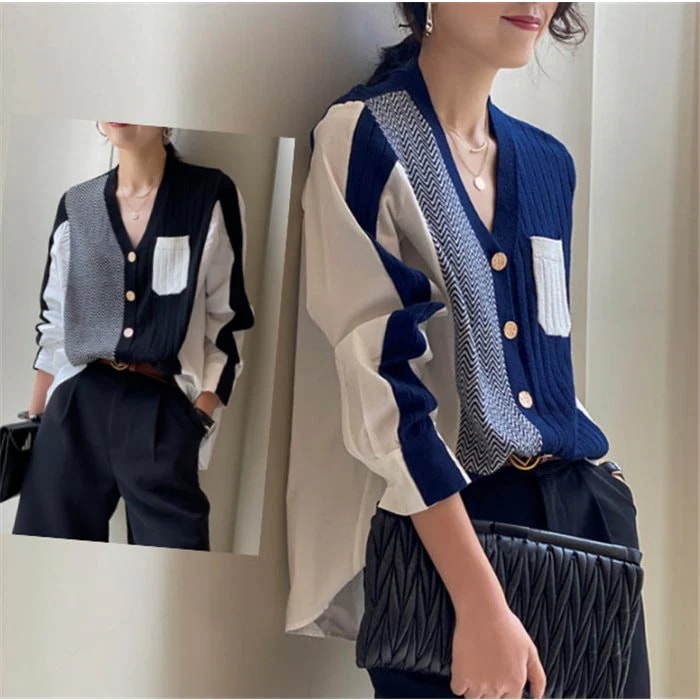 カーディガン レディース ニット 切り替え 洗えるニット 長袖 Vネック 重ね着 大人 シンプル コーデ 秋 冬 トップス きれいめ 通勤 オフィス 上品 ポイント消化