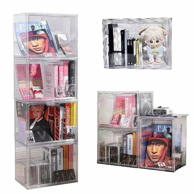 透明 アクリル収納ケース 推し活 プラスチック ぬいぐるみ おもちゃ 靴 DVD CD 書類 缶バッジ フィギュア 化粧品 小物収納 卓上収納 展示用 収納ボックス CDラック アルバ
