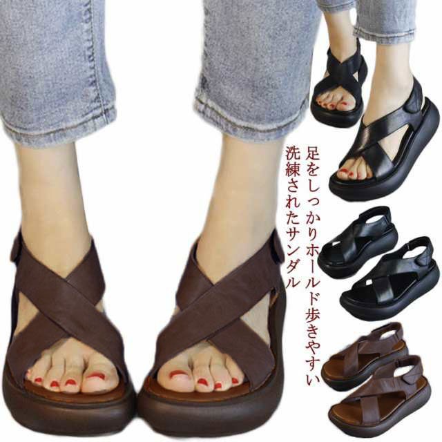 【送料無料】サンダル レディース 厚底 おしゃれ 疲れない 疲れにくい ベルクロ サンダル 素足 痛くない 厚底サンダル 歩きやすい 牛革 可愛い ビジネス カジュアル 通勤 美脚 脚長効果 ふかふか