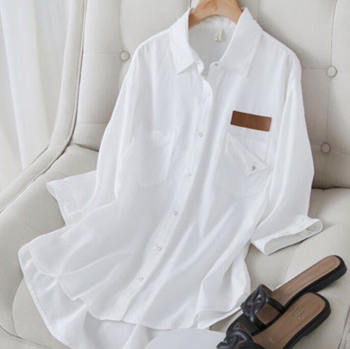 トップス デート かわいい 大人可愛い きれいめ シンプル カジュアル 大人 上品 おしゃれ お洒落 シャツ ７分袖 襟付き レイヤード 着回し ロングシーズン ホワイト ブルー 韓国 ポケット付き