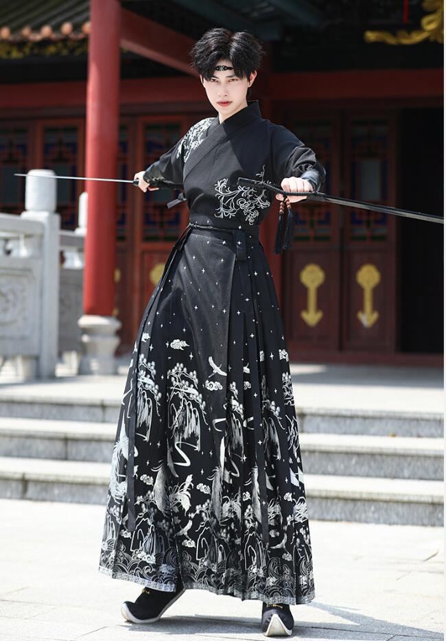 メンズ漢服唐装　メンズレディース中華伝統的漢服　侠客　ロング丈スカート+チャイナシャツ　豪華刺繍　中華古風コスプレ衣装　クリスマス仮装変装　ハロウィンコスプレ漢服　チャイナ舞台ステージ服　イベント学園