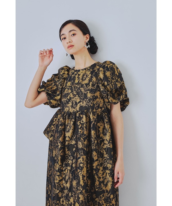 ANDRESED バブルスリーブジャガードドレス/pink bubble sleeve jacquard dress / バブルスリーブジャガード