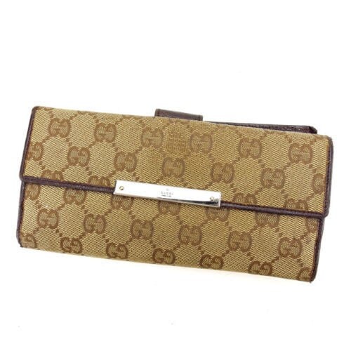 長財布 Wホック GGキャンバス ベージュ ブラウン シルバー 中古