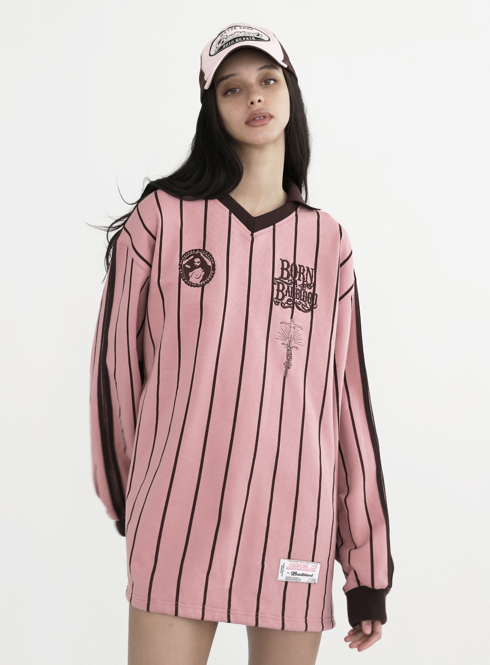 【BADBLOOD】 BEACH CLUB V-NECK SOCCER JERSEY SWEATSHIRT : LIGHT PINK