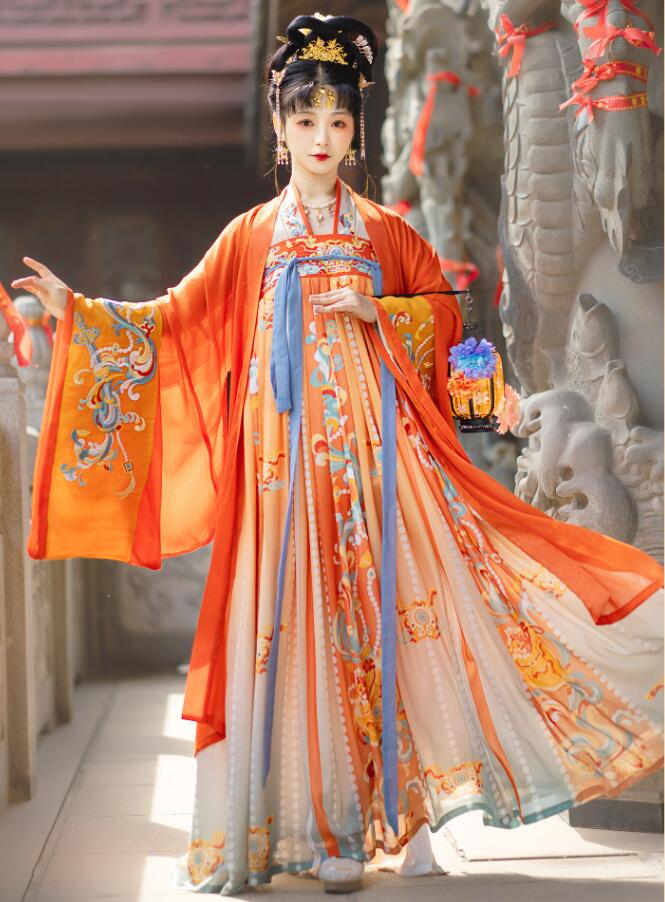お姫様 漢服 チャイナドレス 華やか オレンジ系 可愛い チャイナ服 レディース 大人 中国 古代 宮廷 お姫様 皇后 貴妃 中華コスプレ衣裳 華流 コスチューム チャイナ衣裳 三点セット 振袖 ロン