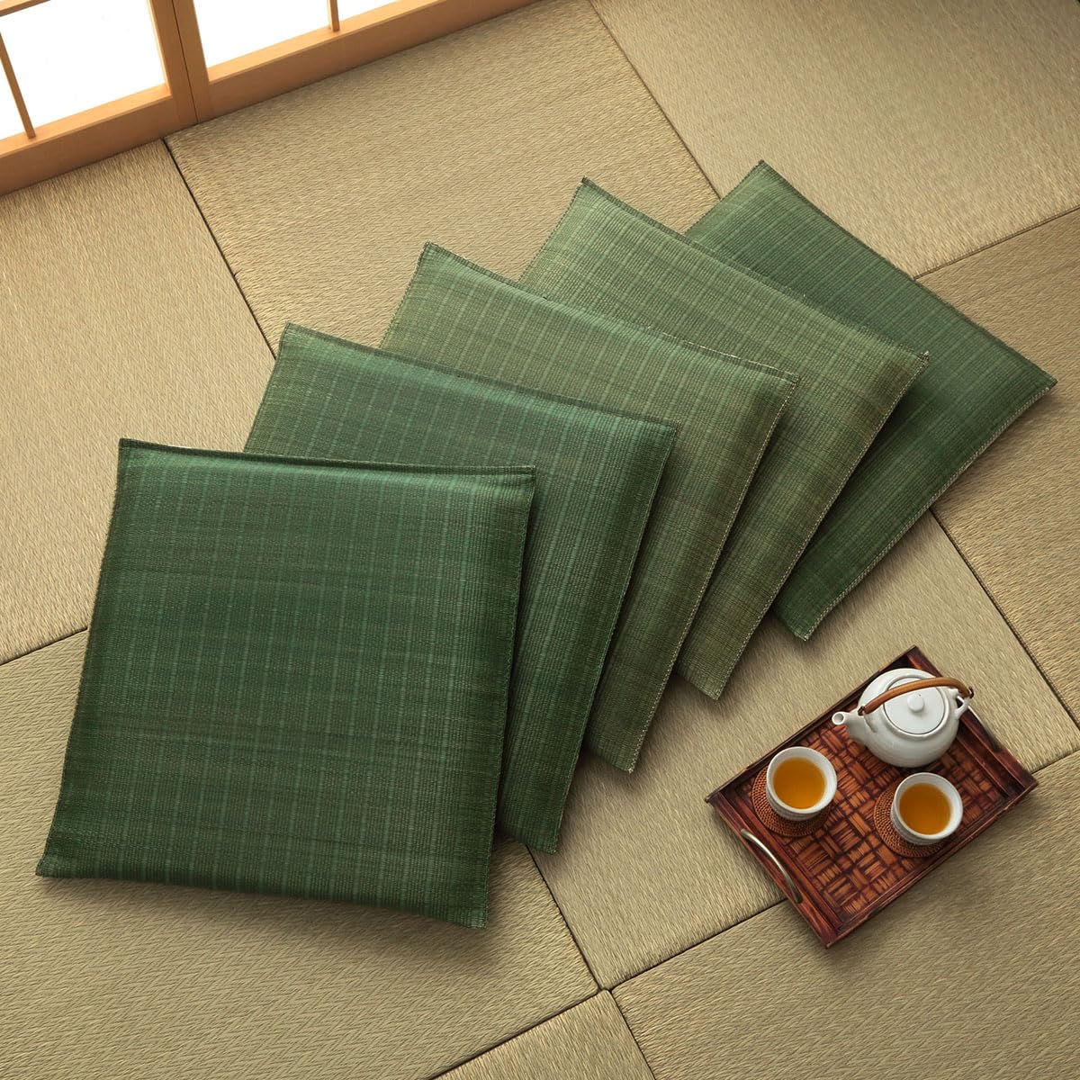イケヒコ い草 座布団 日本製 大紬 約55×55cm 5枚組 グリーン 捺染 無地 クッション おしゃれ 和モダン 和室 洋室 来客用 ＃1132110121907