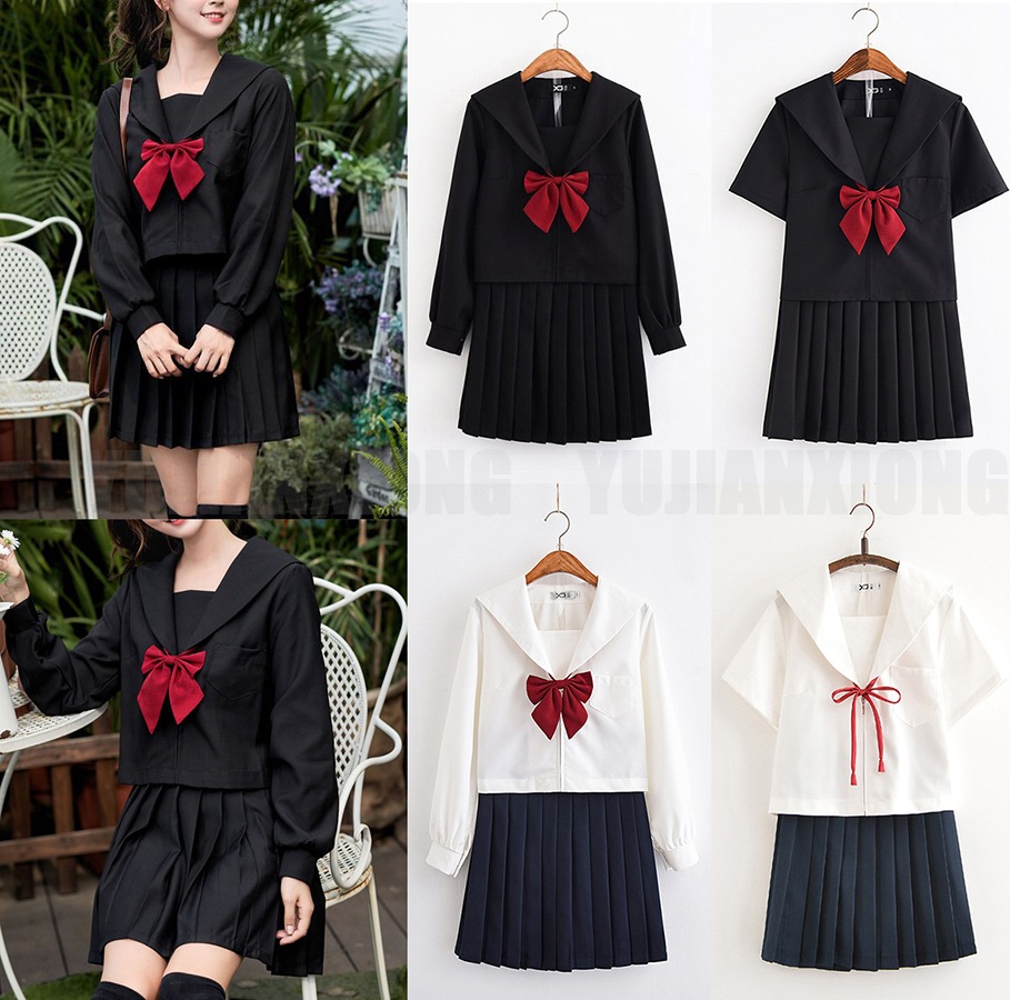 Yujianxiong 学生服 ブラック セーラー服 豪華な 長袖 上下４点セット リボン 女子制服 Jk制服 制服 大人 女子高校 コスチュームレディース かわいい コスプレ 可愛い 衣装 文化祭