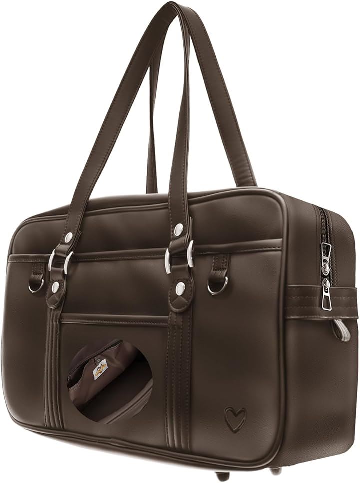 キューティパイ スクバ スクールバッグ 茶色 合皮 高耐久 丈夫 軽い かわいい 持ち手長い 女子高生(ダークブラウン x ダークブラウン)