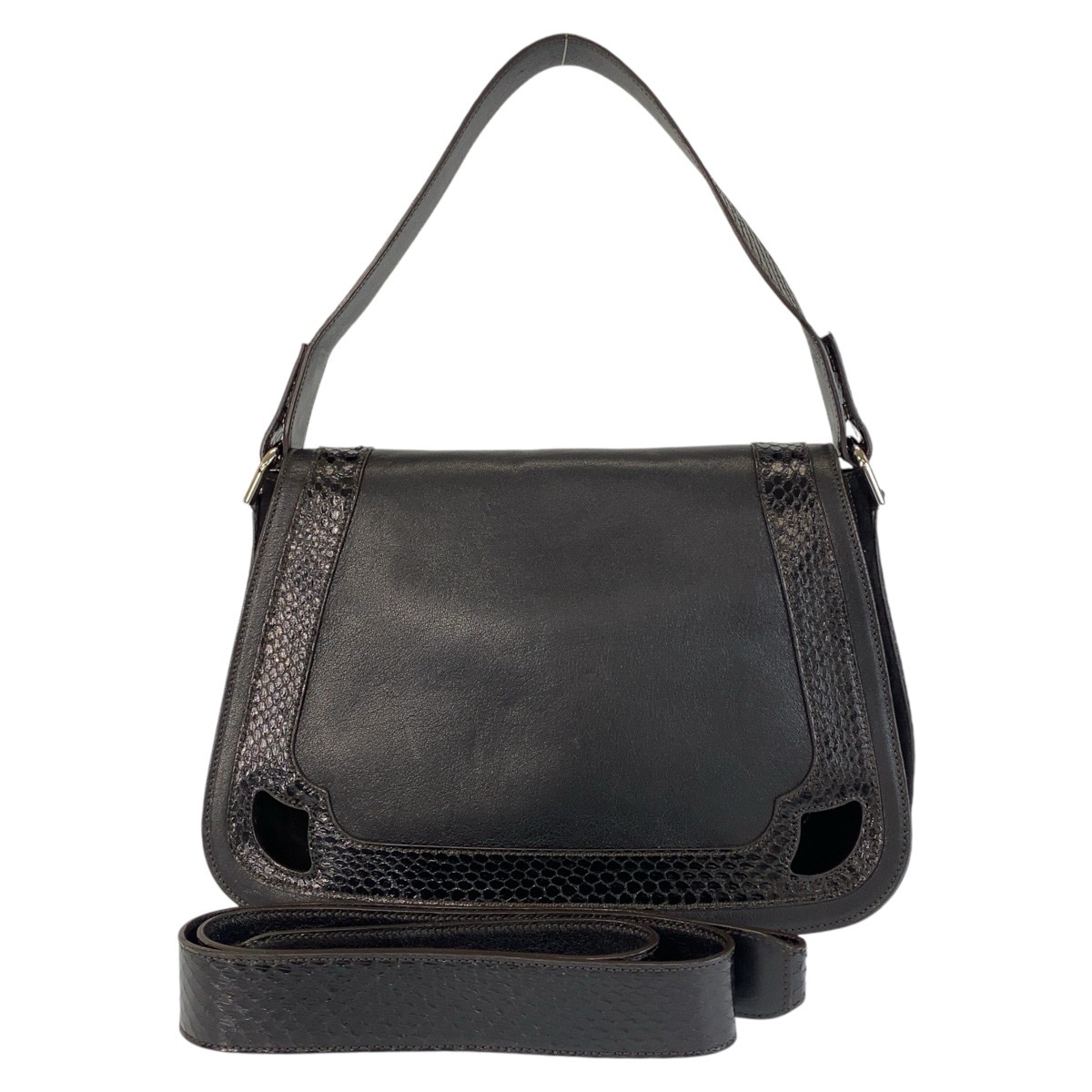 美品 マルチェロ ドゥカルティエ ブラック 黒 シルバー金具 レザー/スウェード/パイソン 斜め掛け ショルダーバッグ 2way レディース 410997