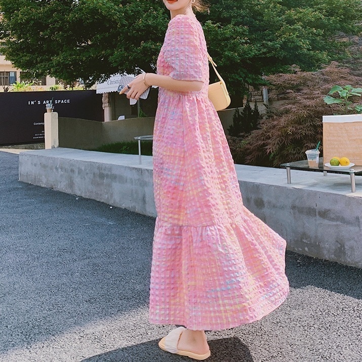 レディース ワンピース ポップコーン テクスチャー ワンピ フレア 個性的 春服 夏服 秋服 ロング アンクル 袖あり 半袖 スクエアネック シフォン フリル インスタ映え モテ 流行 トレ
